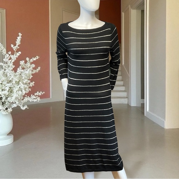 Ralph Lauren "Lauren" Black Sweater Dress Size M Metallic Silver Stripes NWT! - Picture 1 of 5
